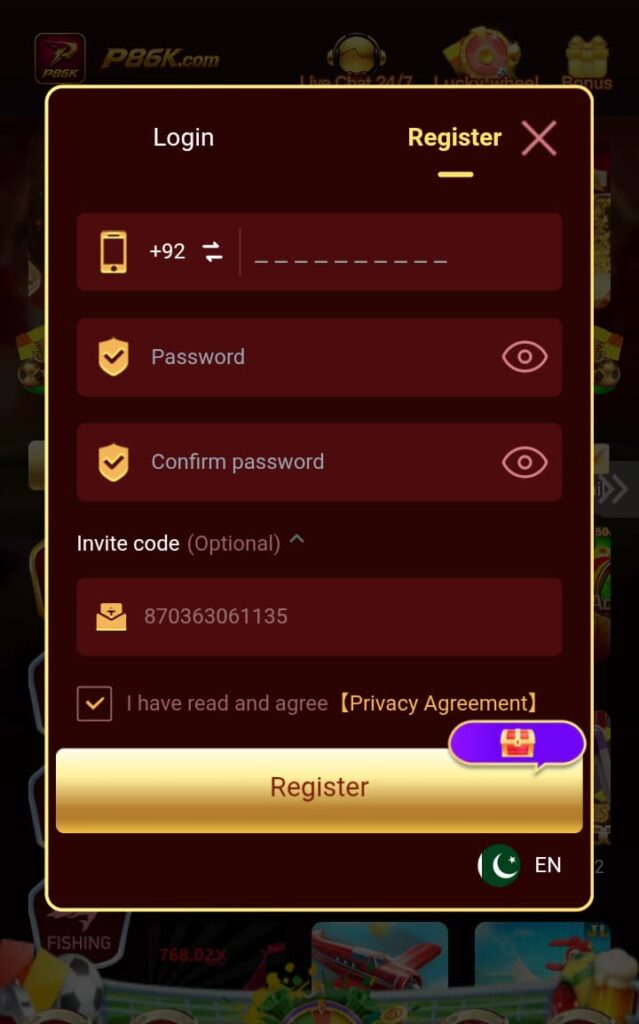 P86K Game Registration Process Image